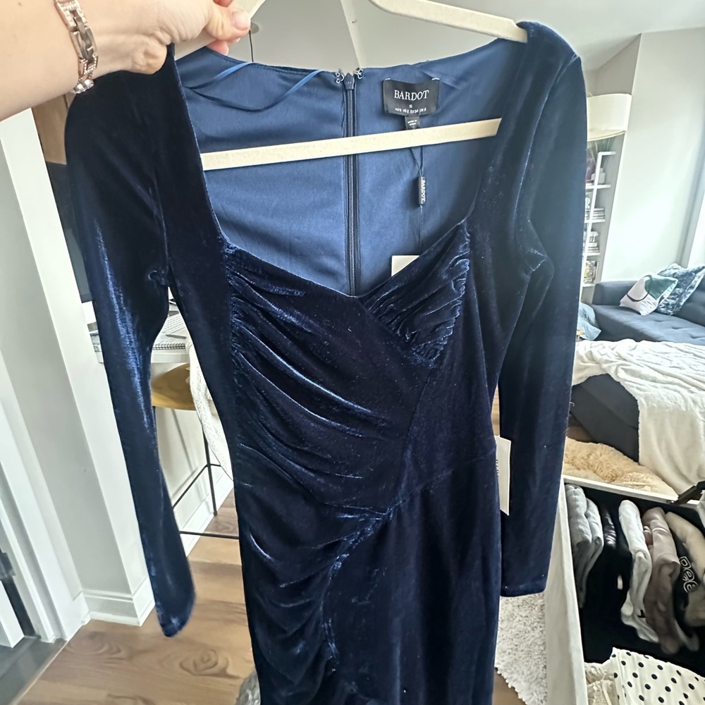 Bardot Deep Blue Velvet Long Sleeve Dress